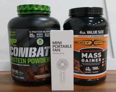 (1) MP Combat Protein Powder - 4.1lbs - Unopened (1) Body Fortress Super Advanced Mass Gainer - 4lbs - Unopened (1) Portable Fan [r1]