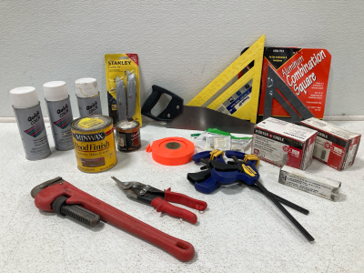 Pipe Wrench, Cutting Sheers, (2) Wood Finish Cans, (3) Quick Color Fast Drying Spray Enamel, Stanley Set of 2 Retractable Utility Knives, Saw, (3) Raffer Square, (2) Porter Cable Narrow Crown Staple 18 GA. 1-1/2” (38mm) qty. 5000, (2) Irwin Quick Grip, (4