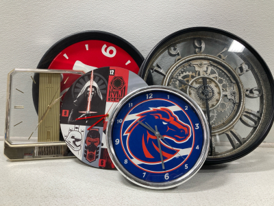 (5) Wall Clocks, Star Wars Clock, BSU Clock, Coca Cola Clock