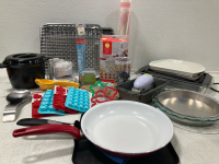 Baking Supplies, Glass& Metal Pie Dishes, (2)!Skillets, (2) Bread Pans, (2) Glass & Metal Casserole Dishes, (2) Muffin Tins, Baking Sheet, Cooling Racks, Assorted Christmas Cookie Cutters, Reusable Cookie Cake & Pastry Liners, Black & Decker Mini Food Pro