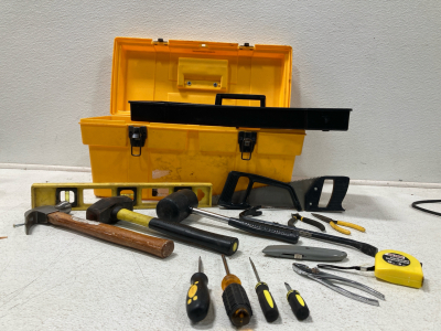 Stack On Toolbox with Tools Inside, Level, Hammers, Screwdrivers, Saws, Crowbar, Tape Measure, Wrench