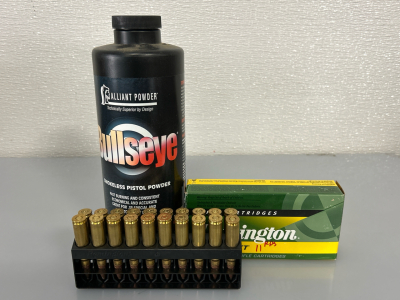 Partial Bottle of Bullseye Pistol Powder and (10) Rounds 300 SAV. 150 Gr. And (10 Brass Casings)