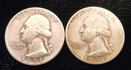 (2) 1951 90% Silver Washington Quarters- Verified Authentic