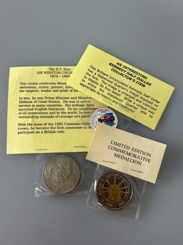 Sir Winston Churchill Coin, Kennedy Half Dollar, and Limited Edition Commemorative Medallion