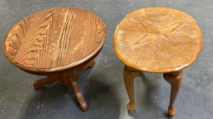 (2) VINTAGE WOOD TABLES (1 IS 21” X 20” X 23” 1 IS 19” X 24” X 24”).