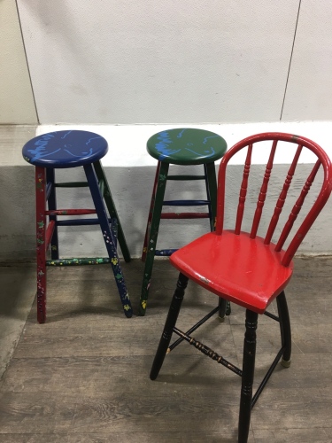 (2) Handpainted Stools and (1) Chair