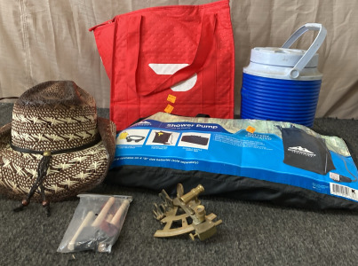 BRASS VINTAGE SEXTON, NORTHWEST TERRITORY SHOWER PUMP, RUBBERMAID WATER THERMOS, AND MORE.