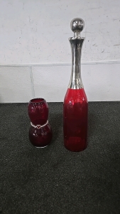 (1) Pier 1 Imports Large Ruby Red Decanter (1) Ruby Red Glass Vase