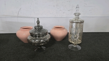 (2) Mercury Glass Apothecary Jars (2) Pink Haeger Pottery Vases