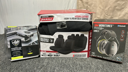 Dickies Front & Rear Seat Covers, Window Fan & Defogger,& 3M WorkTunes HeadPhones