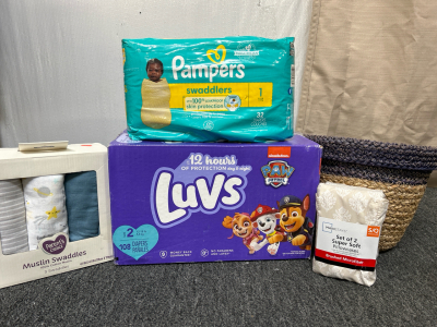 3pck Of Muslin Swaddles, Box of 108 Size 2 Diapers, 32pck of Pampers Swaddlers Size 1, &. More!