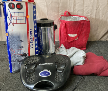 FRANKLIN LADDERBALL OUTDOOR GAME, WEST BEND 42 CUP COFFEEMAKER, HUMAN TOUCH EQUALIZER FOOTPRO, (2) SWEATERS SIZE XL.