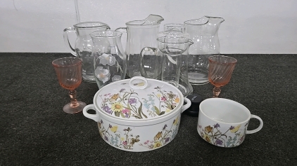 (1) Nature Garden Society Baking Dish and Coffee Cup (2) 1940s Vintage French Pink Wine Glasses and So Much More!