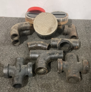 Cast Iron Industrial floor Drains 2 Machined Threaded caps 2” 90’s and Tee’s