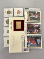 Foreign Coins, Collectors Baseball Cards, and First Day Of Issue Gold Plated Stamp