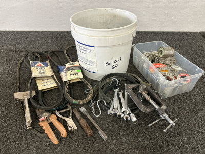 Bucket With Various Tools, Hardware Off and Ends and Belts