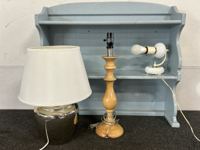 (3) Lamps and Wooden Shelf