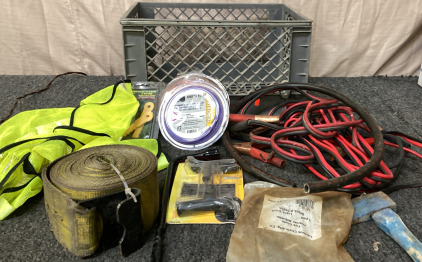 WEED EATER LINE, JUMPER CABLES, LOAD STRAP, SMALL HAND AXE, TIRE IRON, AND MORE.