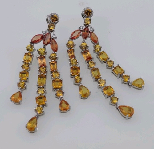 Value $16,790 Yellow/Orange Sapphire & Diamond Pair of Platinum Earrings