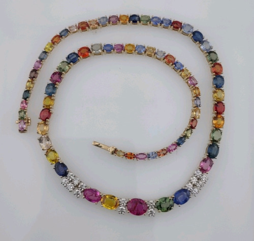 Value $37,880 Natural Multi-Colored Sapphire & Natural Diamond Gold Necklace