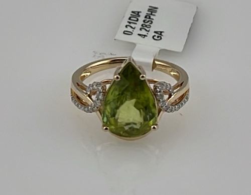 Value $8,290 Pear Cut And Faceted Sphene And 0.21ct. Diamond 14k Gold Ring Size 6-1/2 (US)