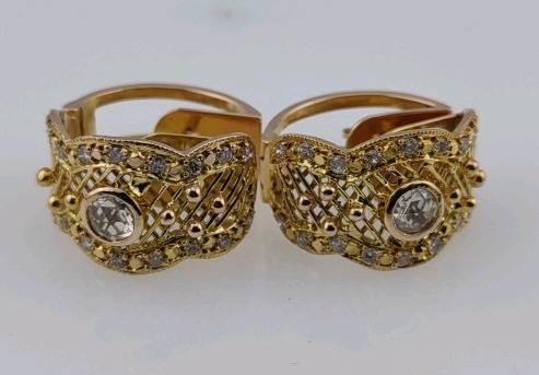 Value $9,140 Gold Round Checkered & Diamond Pair of Earrings