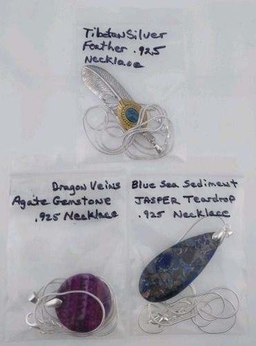 (1) Tibetan Silver Feather .925 Necklace, (1) Dragon Veins Agate Gemstone .925 Necklace, & (1) Blue Sea Sediment Jasper Teardrop .925 Necklace