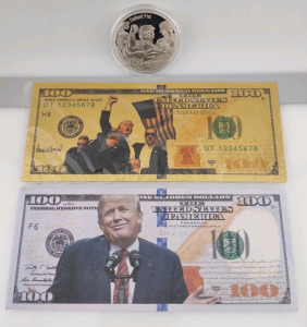 (1) Trump Silver Coin-Trump's Defiant Fist Upward-Assassination Attempt July 13th 2024, (1) Trump One-Hundred Dollar Bill & (1) Golden Trump One-Hundred Dollar Bill