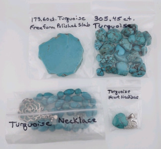 (1) Turquoise Necklace, (1) Turquoise Hear Necklace, (1) 173.60ct. Turquoise Freeform Polished Slab, & (1) 305.45ct. Turquoise Bits