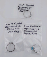 (1) Size 9 Faceted Aquamarine Trillion Cut .925 Ring, (1) Size 9 Faceted Aquamarine Trillion Cut .925 Ring, & (1) Size 8 White & Aquamarine Princess Cut Topaz Ring