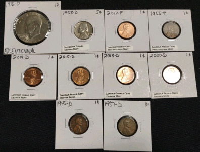 (1) 1976-D Ike Bicentennial Dollar Coin, (1) Jefferson Nickel Denver Mint, (2) Lincoln Shield Cent Philadelphia Mint Pennies, (2) 1945-D & 1957-D Lincoln Wheat Pennies, (4) 2015-D to 2020-D Lincoln Shield Cent Denver Mint Pennies