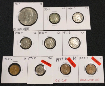 (1) 1976-P Ike Bicentennial Dollar Coin, (1) 1956-D Lincoln Wheat Penny, (1) 1995-D Roosevelt Dime Mint Error, (1) 1977-D Lincoln Die Cap Mint Error, (1) 1977-P Lincoln Misaligned Die, (3) 1936-P Indian Head/ Buffalo Nickels, (1) 1936-S Indian Head/ Buffa