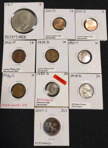 (1) 1976-P Ike Bicentennial Dollar Coin, (1) 2007-S Wyoming State Quarter, (1) 1978-D Jefferson Nickel Denver Mint Nickel, (1)1985-D BroadStrike Roosevelt Dime Denver Mint, (1) 1946-S Misaligned Die Lincoln Wheat Penny, (1) 1940-P Lincoln Wheat Penny, (2)