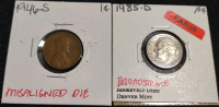 (1) 1976-P Ike Bicentennial Dollar Coin, (1) 2007-S Wyoming State Quarter, (1) 1978-D Jefferson Nickel Denver Mint Nickel, (1)1985-D BroadStrike Roosevelt Dime Denver Mint, (1) 1946-S Misaligned Die Lincoln Wheat Penny, (1) 1940-P Lincoln Wheat Penny, (2) - 11