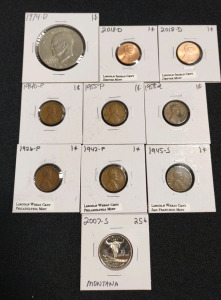 (1) 1974-D Ike Dollar Coin, (1) 2007-S Montana Quarter, (1) 1945-S Lincoln Wheat Cent San Francisco Mint Penny, (2) Lincoln Shield Cent Denver Mint Pennies, (2) 1926-P & 1942-P Lincoln Wheat Cent Philadelphia Mint Penny & (3) 1940-P to 1958-P Lincoln Penn