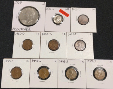 (1) 1976-D Ike Bicentennial Dollar Coin, (1) 1982-D Mint Error Roosevelt Dime, (4) 1953-D To 1958-D Lincoln Wheat Pennies, (4) 1945-S To 1954-S Lincoln Wheat Pennies