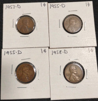 (1) 1976-D Ike Bicentennial Dollar Coin, (1) 1982-D Mint Error Roosevelt Dime, (4) 1953-D To 1958-D Lincoln Wheat Pennies, (4) 1945-S To 1954-S Lincoln Wheat Pennies - 8