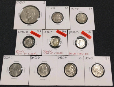 (1) 1978-D Ike Dollar Coin, (1) 2006-D Mint Error Misaligned Die Roosevelt Dime, (2) 1976-P & 2005-D Struck Out Of Collar Roosevelt Dimes, (4) 1936-S To 1937-D Indian Head/Buffalo Nickels, & (2) 2004-D & 2002-D Jefferson Nickels