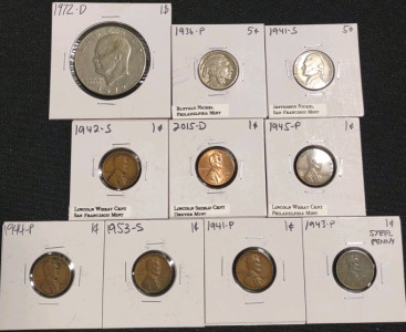 (1) 1972-D Ike Dollar Coin, (1) 1936-P Buffalo Nickel Philadelphia Mint, (1) 1941-S Buffalo Nickel San Francisco Mint, (1) 1942-S Lincoln Wheat Cent San Francisco Mint, (1) 1945-P Lincoln Wheat Cent Philadelphia Mint, (1) Lincoln Shield Cent Denver Mint, 