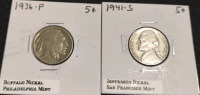 (1) 1972-D Ike Dollar Coin, (1) 1936-P Buffalo Nickel Philadelphia Mint, (1) 1941-S Buffalo Nickel San Francisco Mint, (1) 1942-S Lincoln Wheat Cent San Francisco Mint, (1) 1945-P Lincoln Wheat Cent Philadelphia Mint, (1) Lincoln Shield Cent Denver Mint, - 5