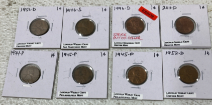(8) Pennies 1945-2011, Nickel 2015, Quarter Dollar 2000