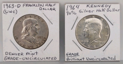 (1) 1963-D Franklin Silver Half Dollar & (1) 1964 Kennedy Silver Half Dollar