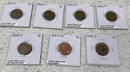 (7) Pennies 1919-2015, (2) Quarter Dollar 1999-2003, One Dollar Coin 1976