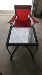 Small Glass Top Table and Camp Chair