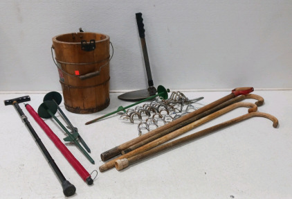 (3) Wooden Canes, Black A djustable Cane, (6) Tie Out Stakes, Camping Shovel, Wooden Bucket