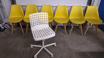 (6) 70's Yellow Polyester Padded Wooden Stand Chairs w/ (1) Rolling (White) Chair w/ Holes