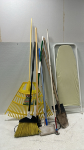 (2) Shovels, Assorted Indoor/Outdoor Cleaning Supplies, Ironing Board