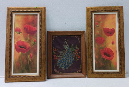 (2) Poppi Flower Painting (13inx25in), Peacock Embroidery Picture (13inx16in)