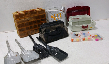 Antique Water Jug, (2)Fishing Tackle Boxes, Small Tool.Bag, (4) Fire Place Shovels, (3) Fishing Supplys