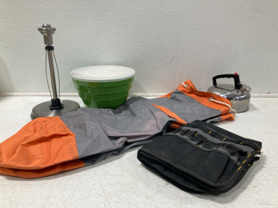 Metal Teapot, Paper Towel Holder, Set of 4 Big Plastic Bowls With Lids, Orange & Gray Industrial Duffel Bag, AWP HP Tool Bag